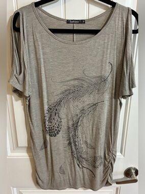 Sakura Light Gray Feather-Print Cold-Shoulder Tunic